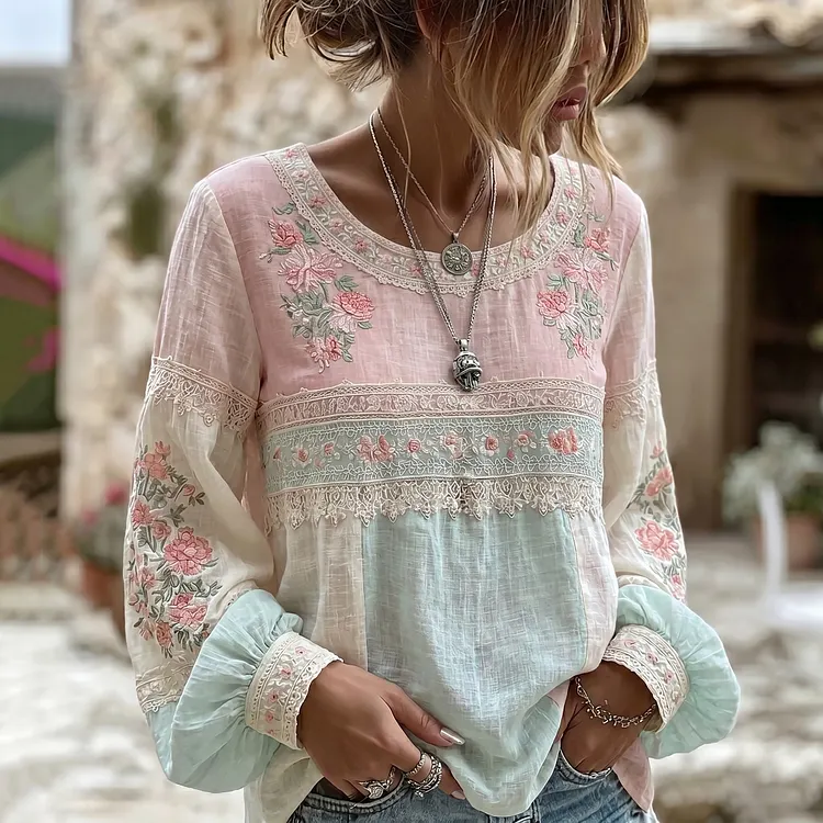 Women's Retro Floral Embroidered Patchwork Art Long Sleeve T-shirt