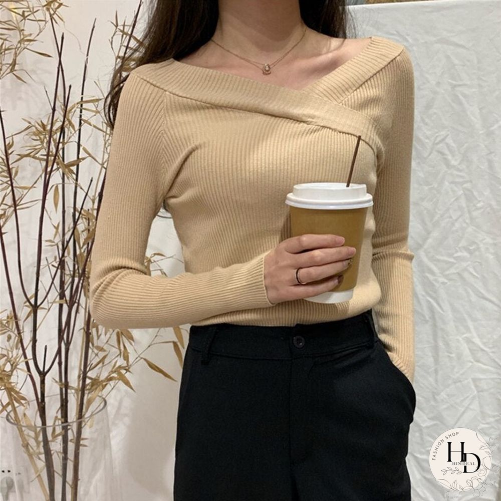 Christmas Gift Womens Sexy Knit Sweater Solid Color Fashion Neck Cross Front Slim Jumper