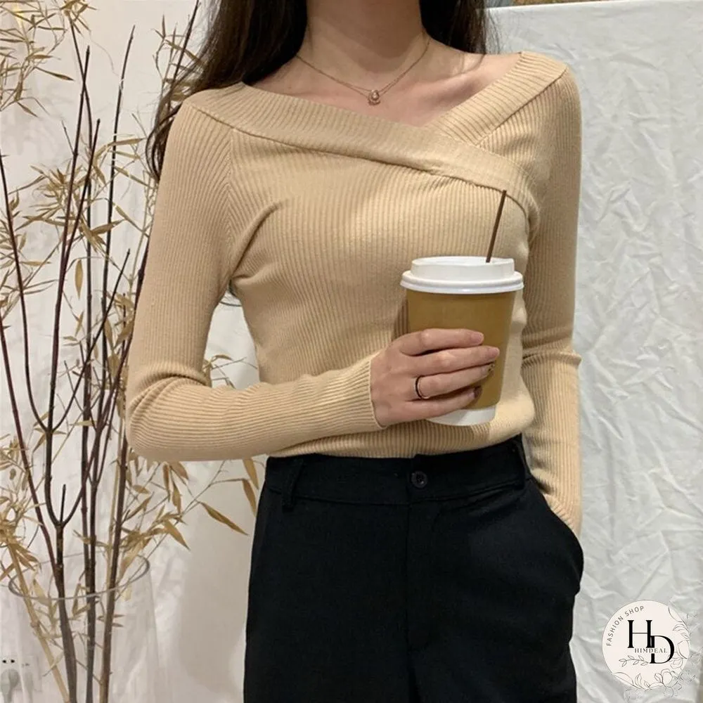 Christmas Gift Womens Sexy Knit Sweater Solid Color Fashion Neck Cross Front Slim Jumper