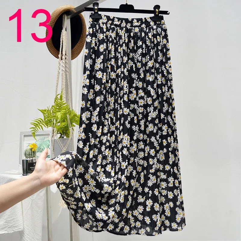 Summer Skirts Womens 2020 New Vintage Floral Print Chiffon Pleated Skirt Elastic High Waist Casual Midi Skirt Women Clothes Jupe