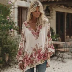 Women's Vintage Roses Print V-neck Loose Linen Blend T-shirt - Image 2