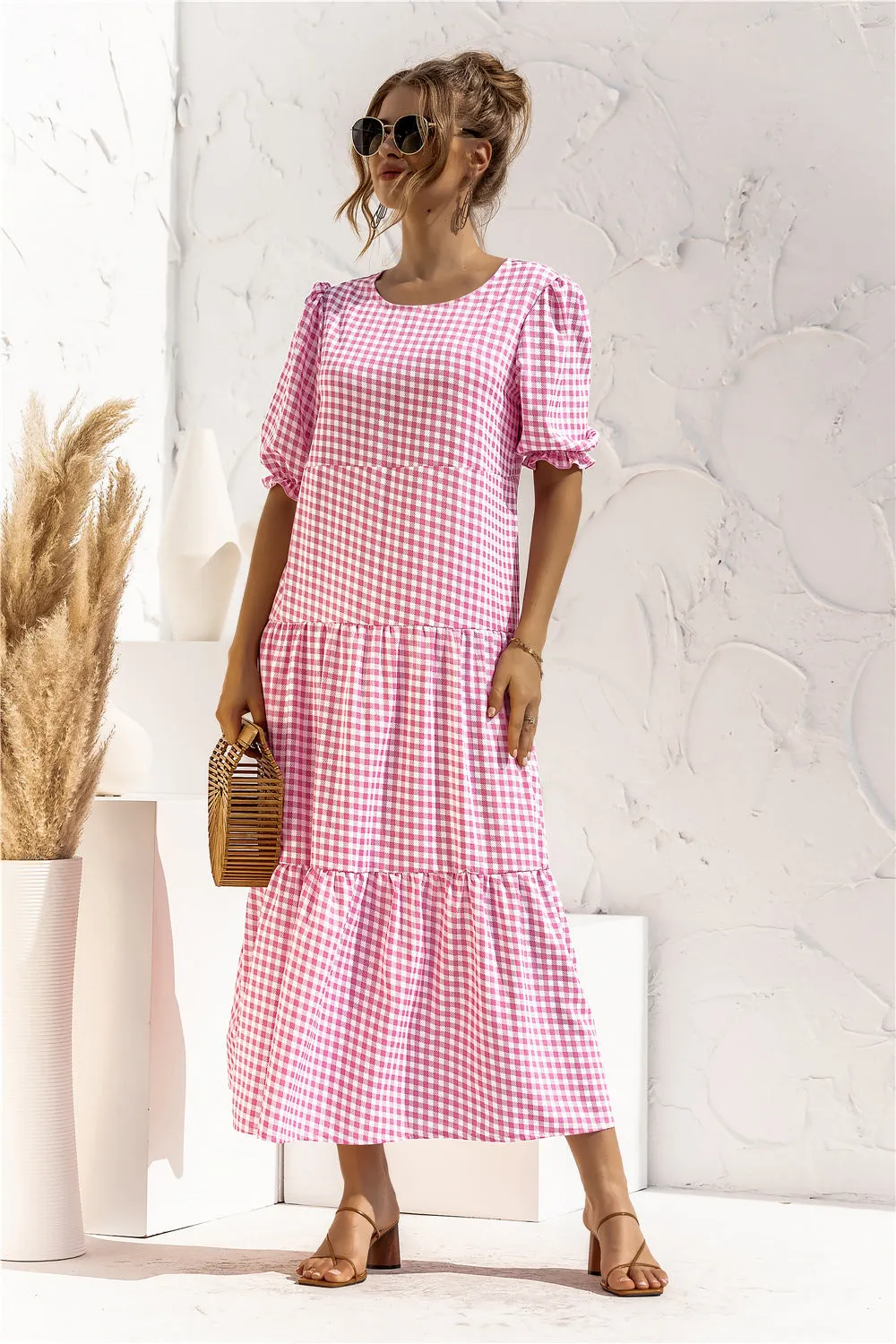 Brownm Sleeve Dot Plaid Urban Style Loose Stitching Long Dress