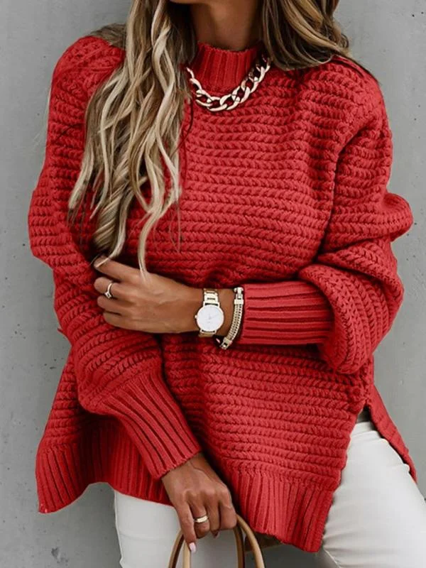 Women's Half High Neck Long Sleeve Split Sweater Top