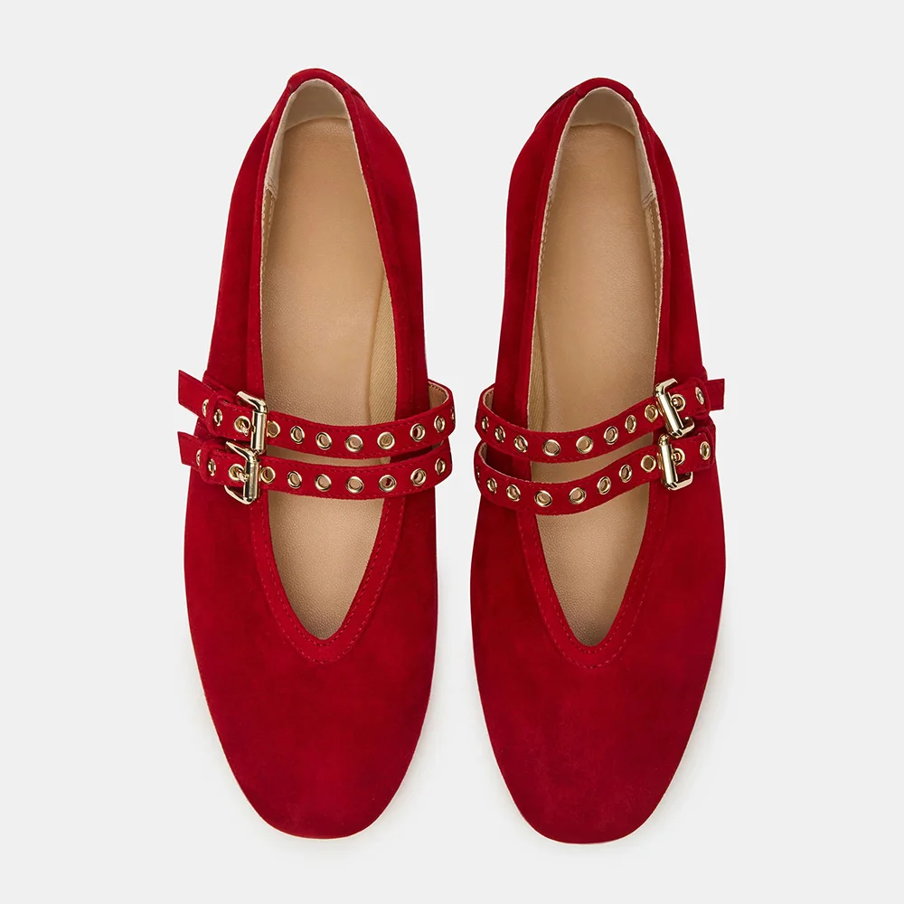 Red Vegan Suede Round Toe Buckle Ballet Mary Jane Flats with Grommet
