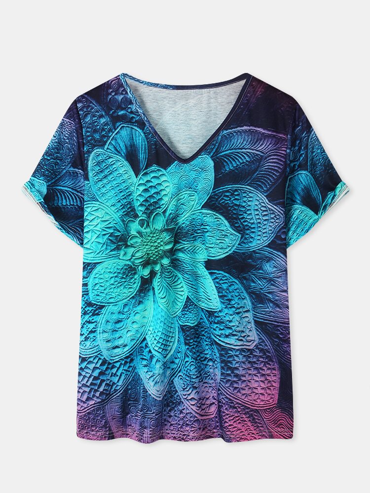 Calico Print Short Sleeve V neck Casual T Shirt For Women P1801506