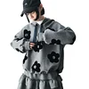IMAKOKONI original design gray hooded long sleeved flower patch autumn hoodie jacket for women 244780