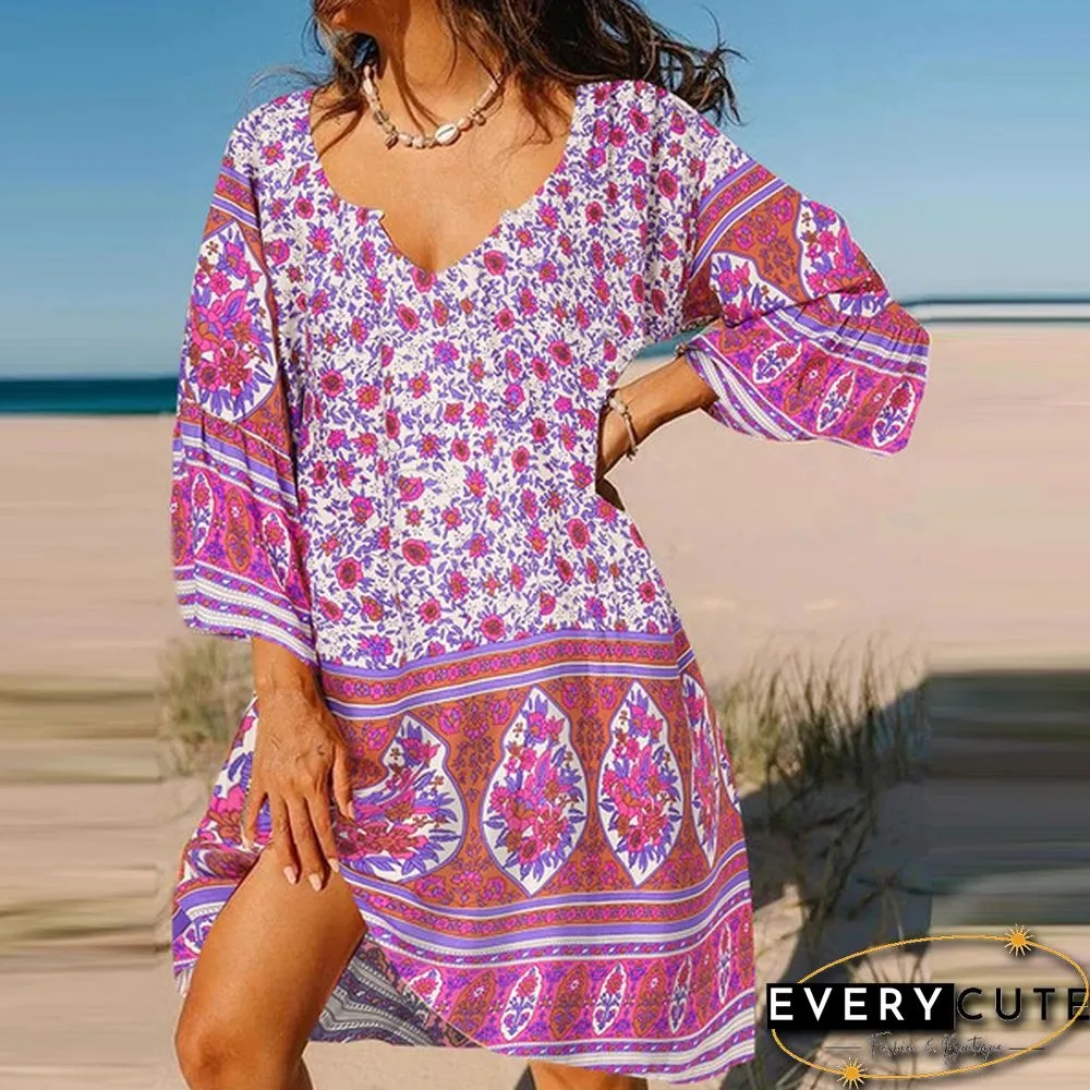 Fashion Women Retro Oversized V-Neck Casual Sundress Floral Printed Baggy Holiday Mini Shirt Dress