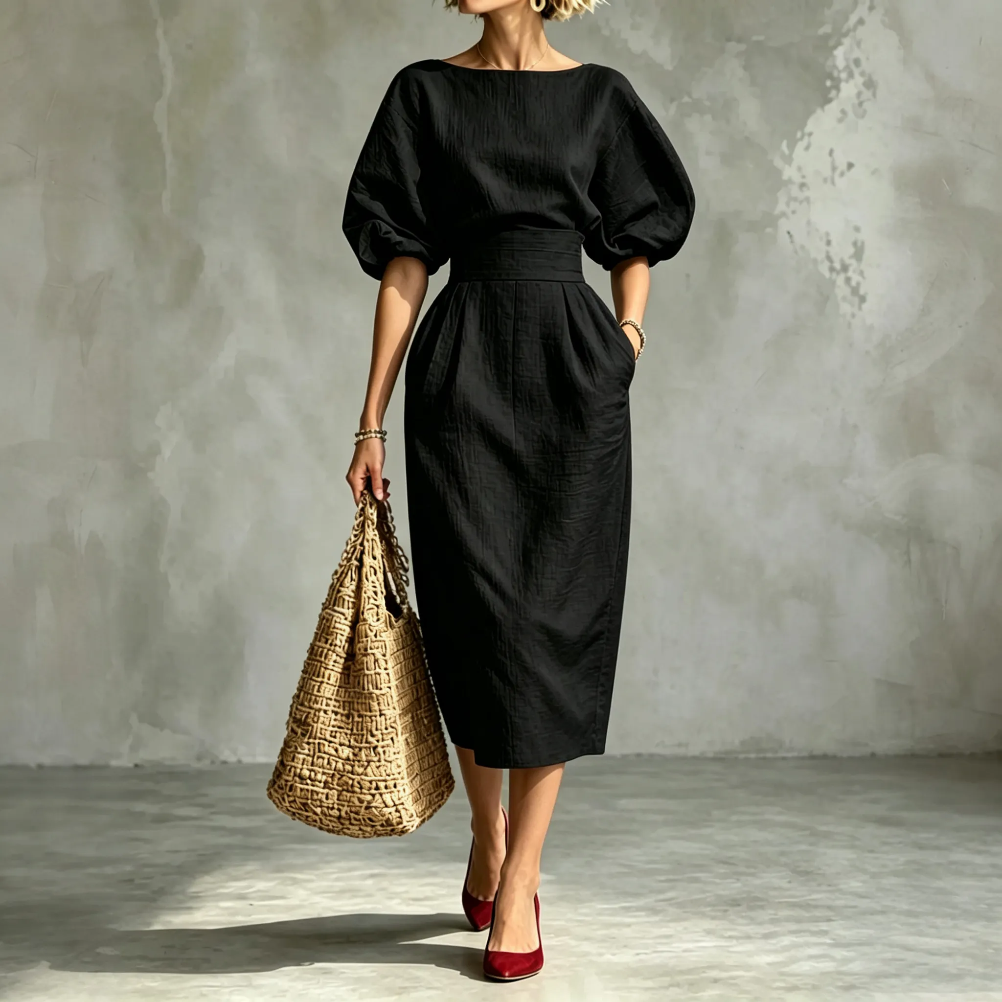 Elegant Pleated Waist Boat Neck A-line Skirt With Puff Sleeves Max Dress elevenforest