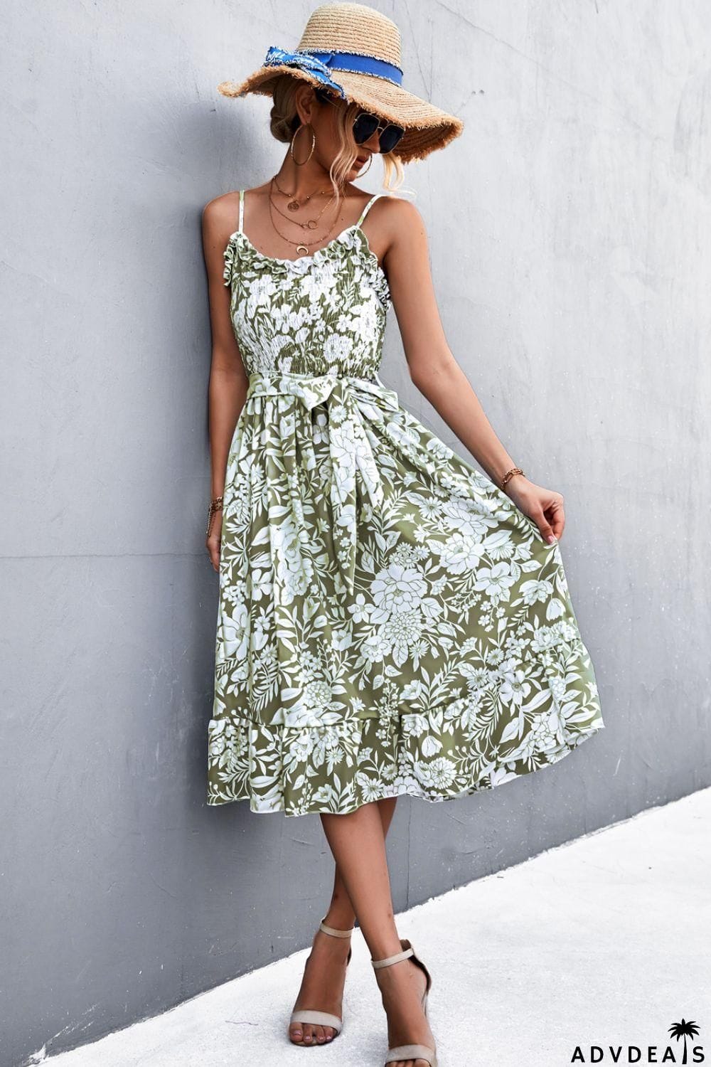 Floral Frill Trim Scoop Neck Spaghetti Strap Dress
