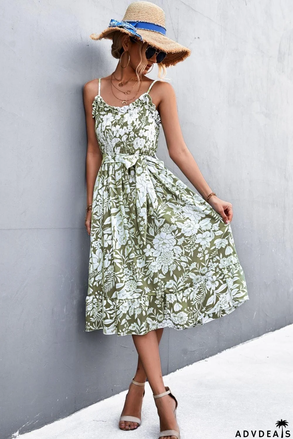 Floral Frill Trim Scoop Neck Spaghetti Strap Dress