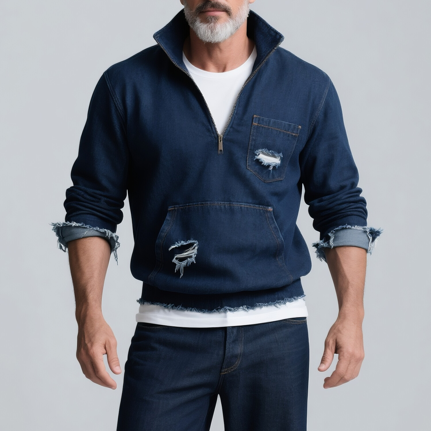 Men's Denim Ripped Half Zip Long Sleeve Pocket Raw Edges Sweatshirt