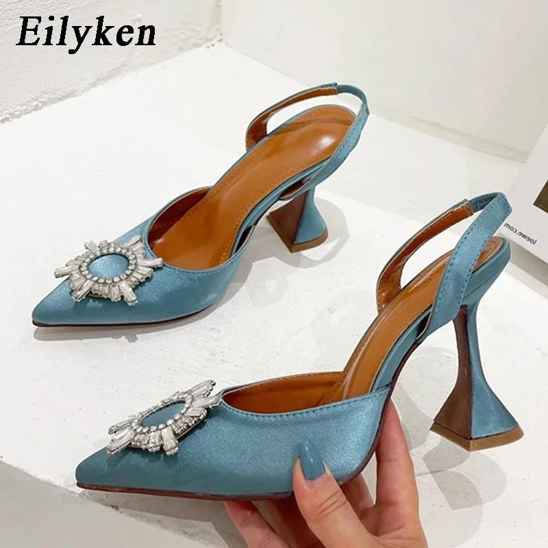 Eilyken Rose Red Women Pumps Silk Satin Pointed Toe Rhinestone Crystal High Heels Woman Wedding Dress Pumps On Cup Heeled Mules