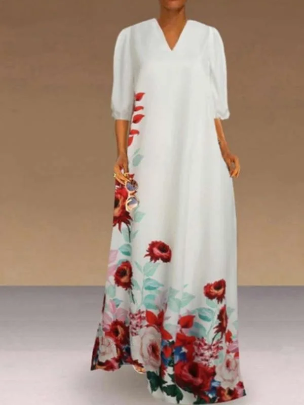 Long skirt V-neck positioning flower puff sleeve dress