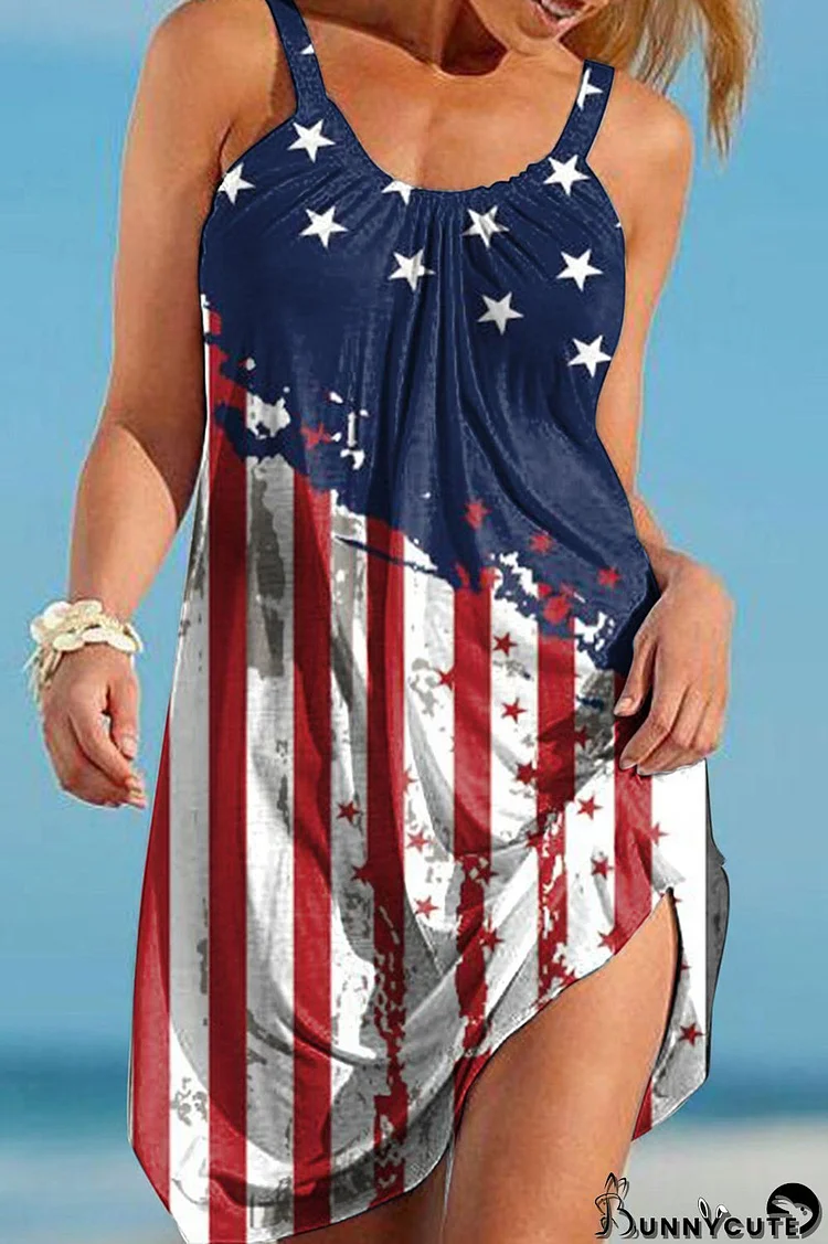 Blue White Fashion Casual Print Basic O Neck Vest Dress