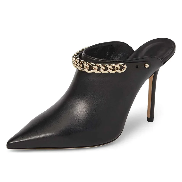 Black Pointed Toe Stiletto Heel Mules Shoes with Chains |FSJ Shoes