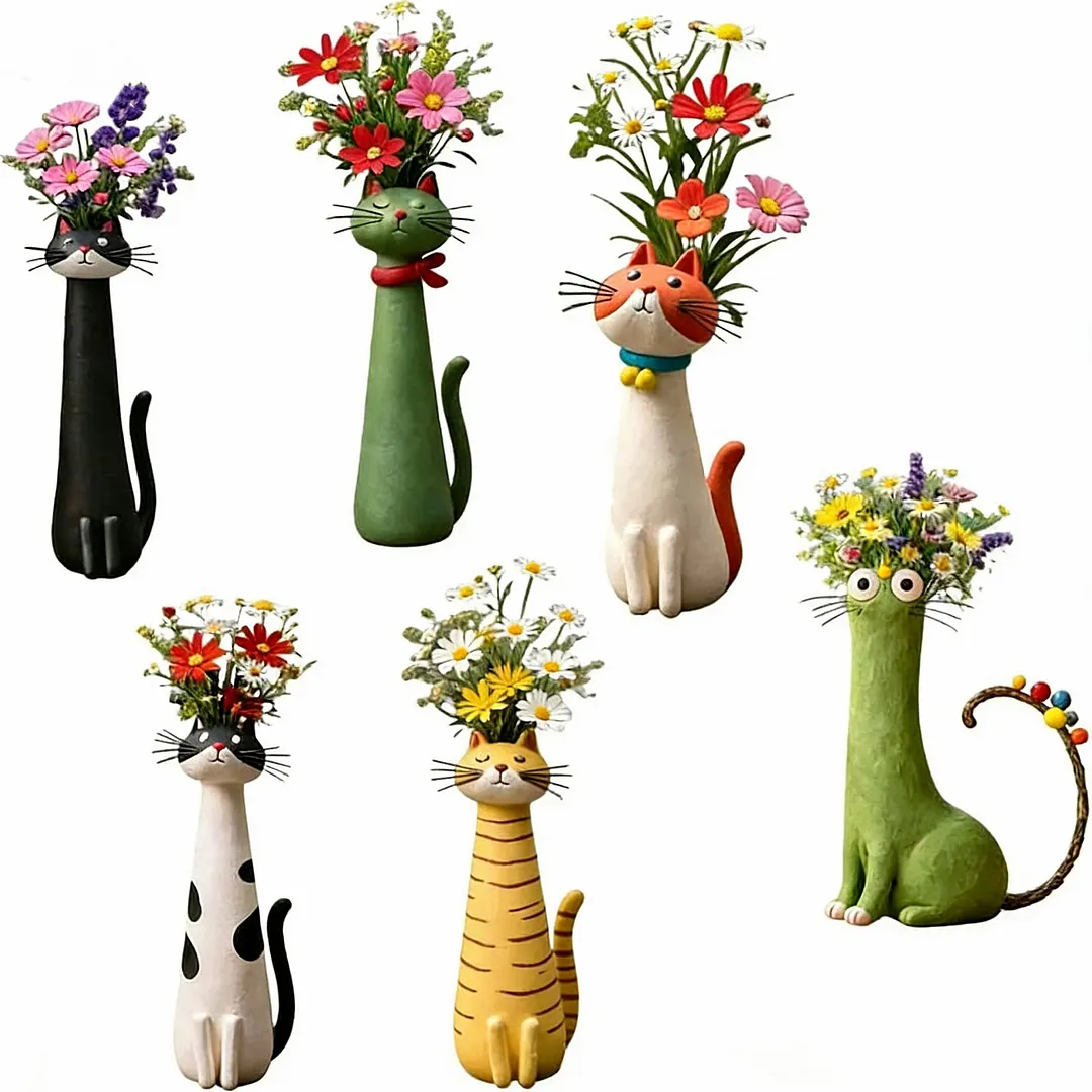 Handcrafted Quirky Cat Vase Modern Whimsical Resin Cat Flower Vase Creative Ornament for Living Room Office Study Home Decoration