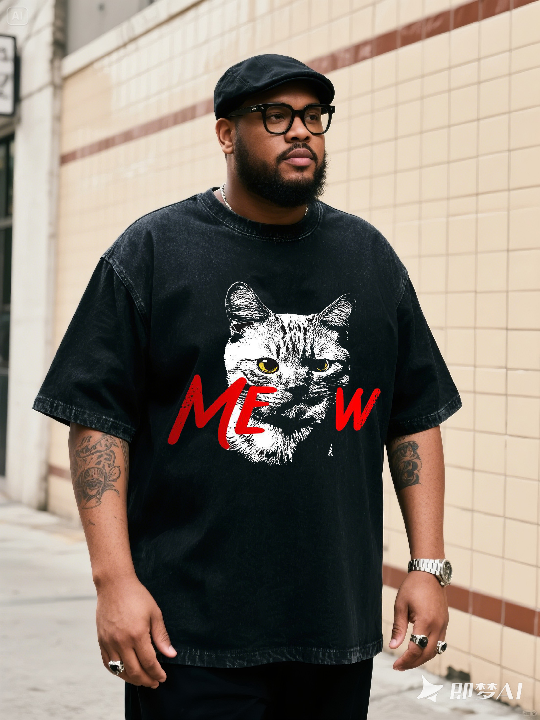 Plus Size Men's Cat Figure Creative English Printed Denim Short Sleeve T-Shirt