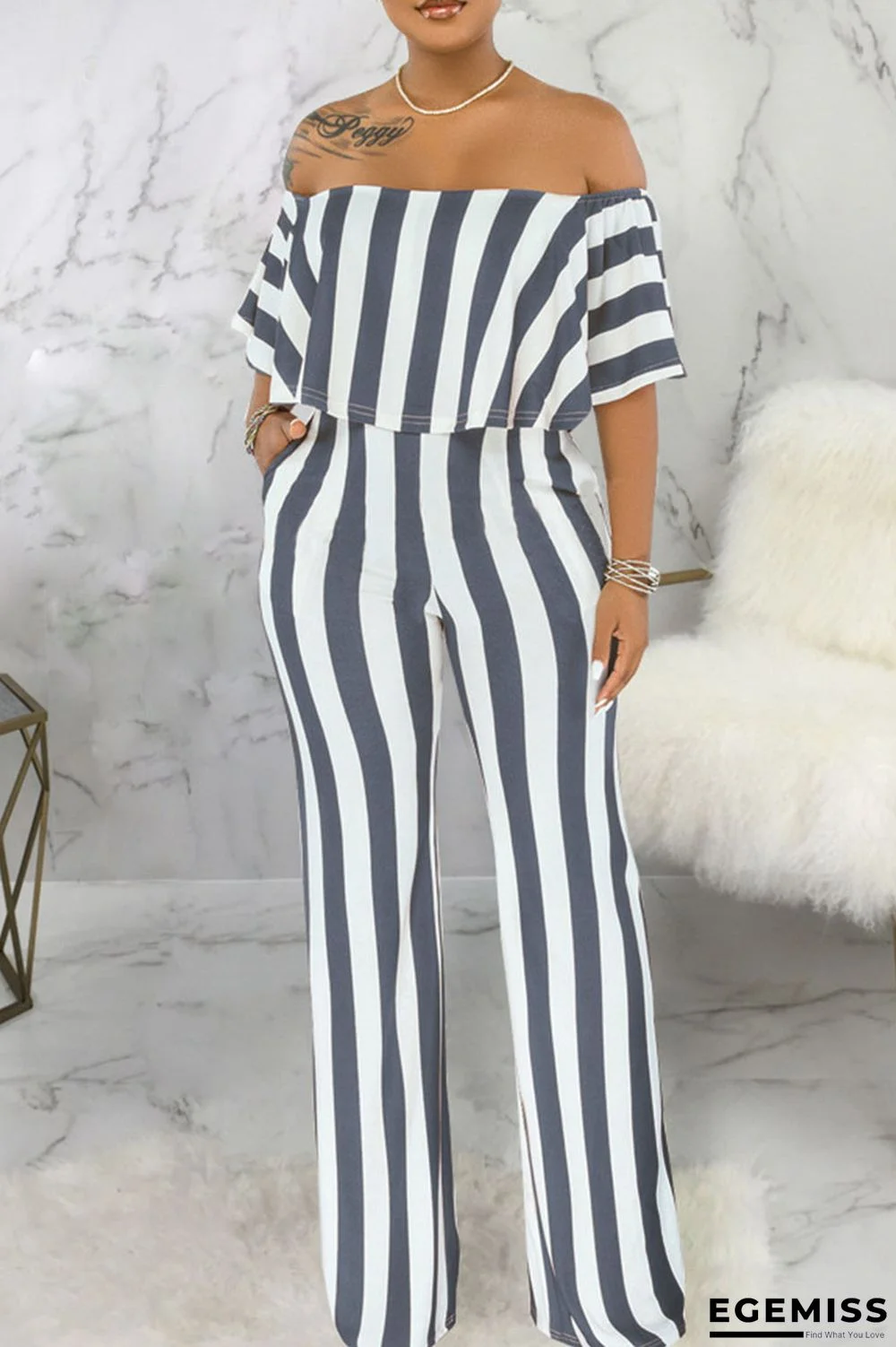 Grey Fashion Casual Striped Print Patchwork Off the Shoulder Straight Jumpsuits | EGEMISS