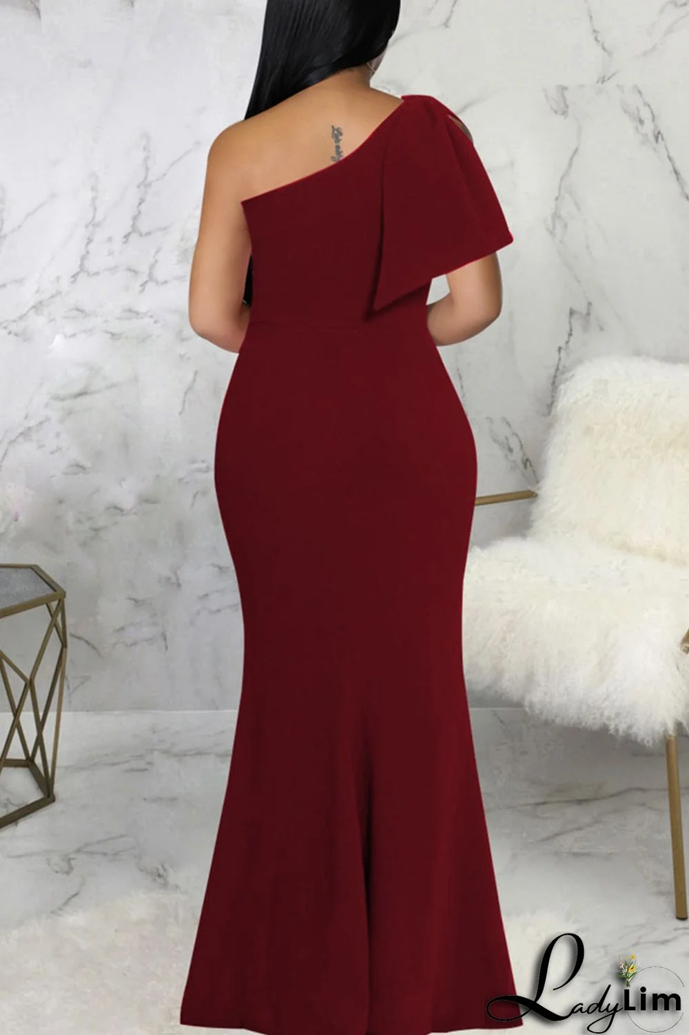 Blue Solid Patchwork Slit Oblique Collar Long Dress Dresses