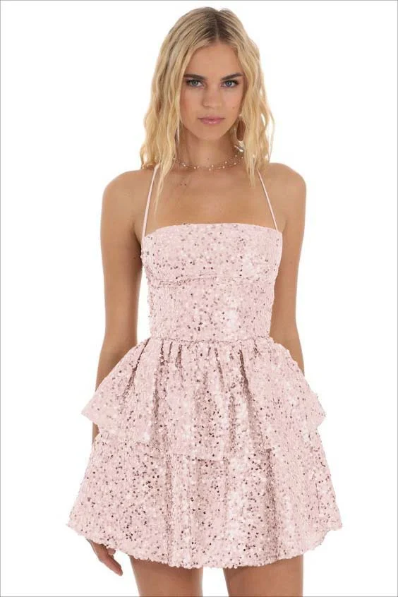 Miabel Chic Champagne Halter Sequins Short Mini Homecoming Dress