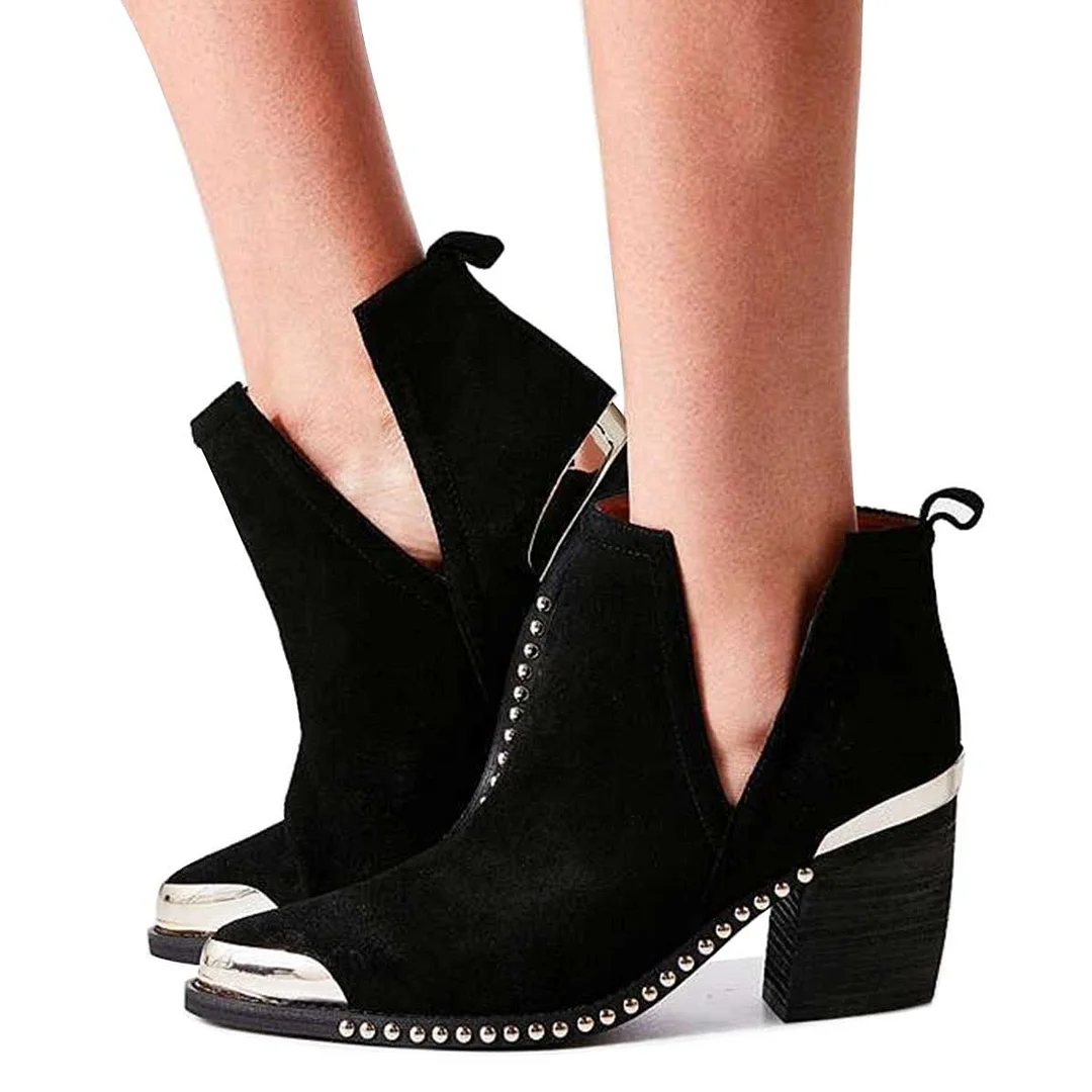 Black Faux Suede Metallic Toe Studded Block Heel Ankle Boots   