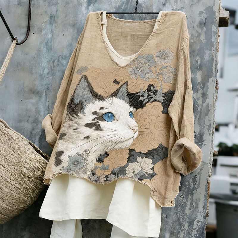 Women's Cat Floral Print Linen Blend T-shirt elevenforest