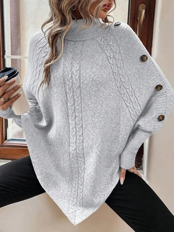 Athvotar Athvotar And Winter New Sweater Women's Knit Fashion Stucked High-Necked Button Bat Sleeve Top