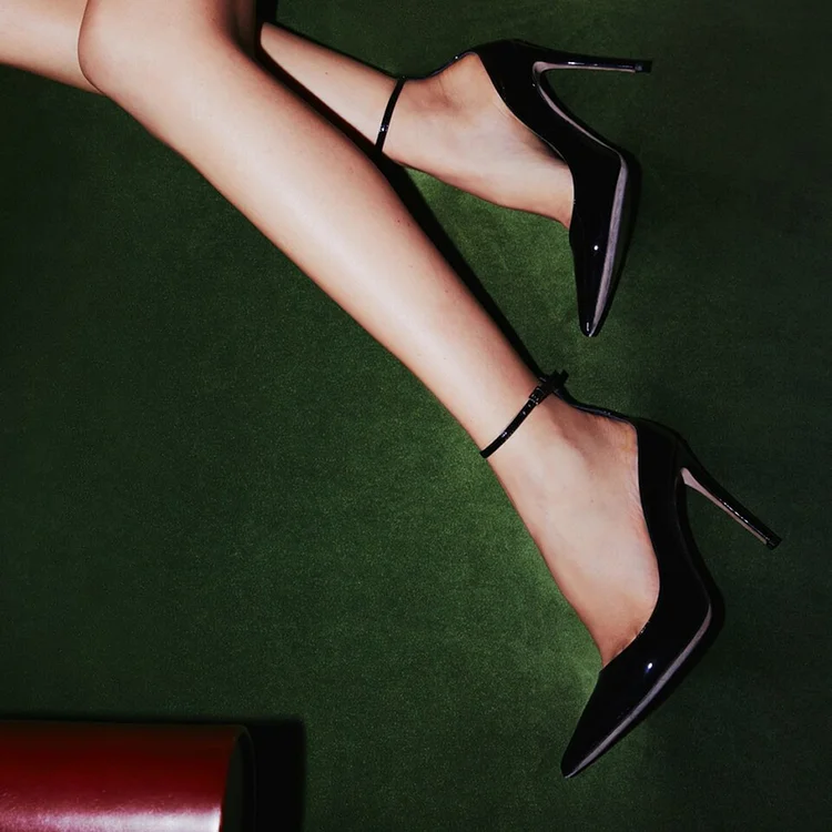 Black Pointed Toe Dress Shoes Ankle Strap Patent Leather Pumps Heels |FSJ Shoes