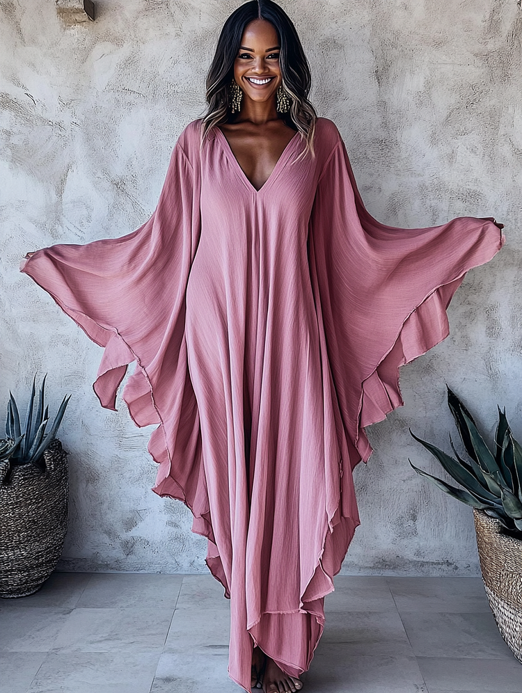 Pink Cotton Linen V-neck Long Kaftan