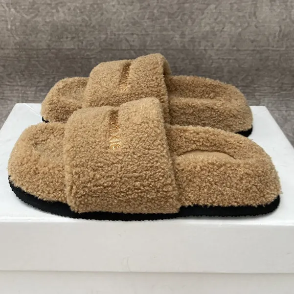 Women's Casual Letter Open Toe Flat Sole Plush Slippers