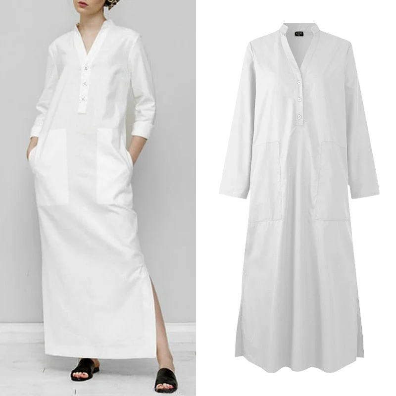 White Long Dress Women's Sundress Elegant Stand Collar Long Sleeve Party Dress Side Split Holiday Button Up  Vestido