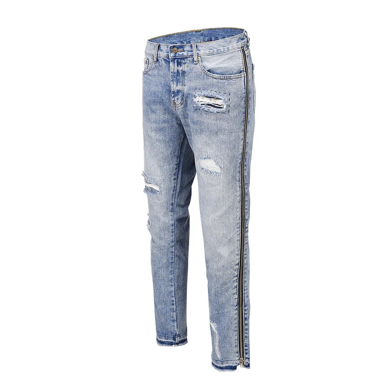 Men's Biker Jeans Side Zipper Cool Ripped Jeans Rapper Jeans