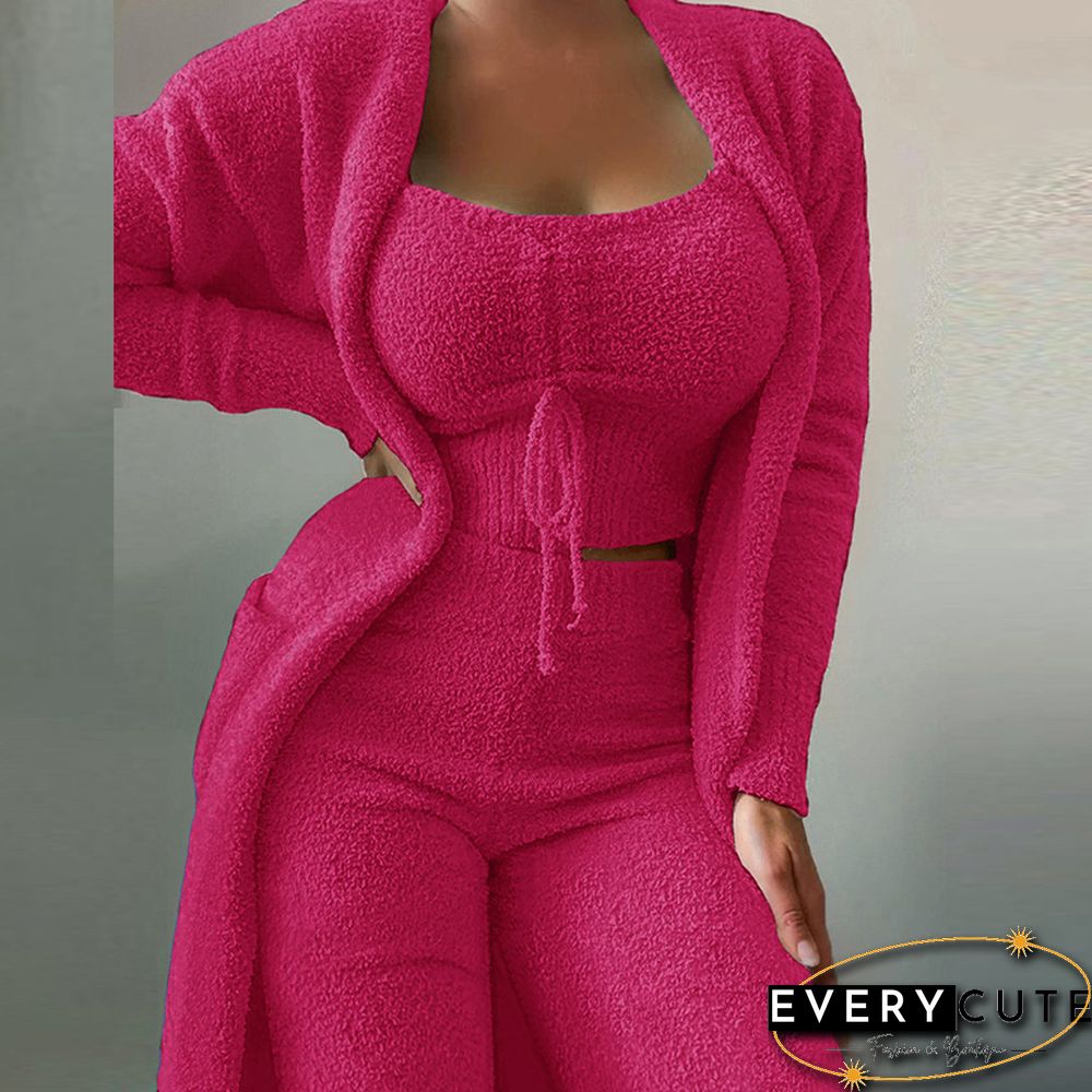 Autumn Winter New Women Fashion Casual Plush Lace-Up Vest+Long Cardigan+Trousers Suits Soft Fuzzy Solid Three Piece Set Outfits