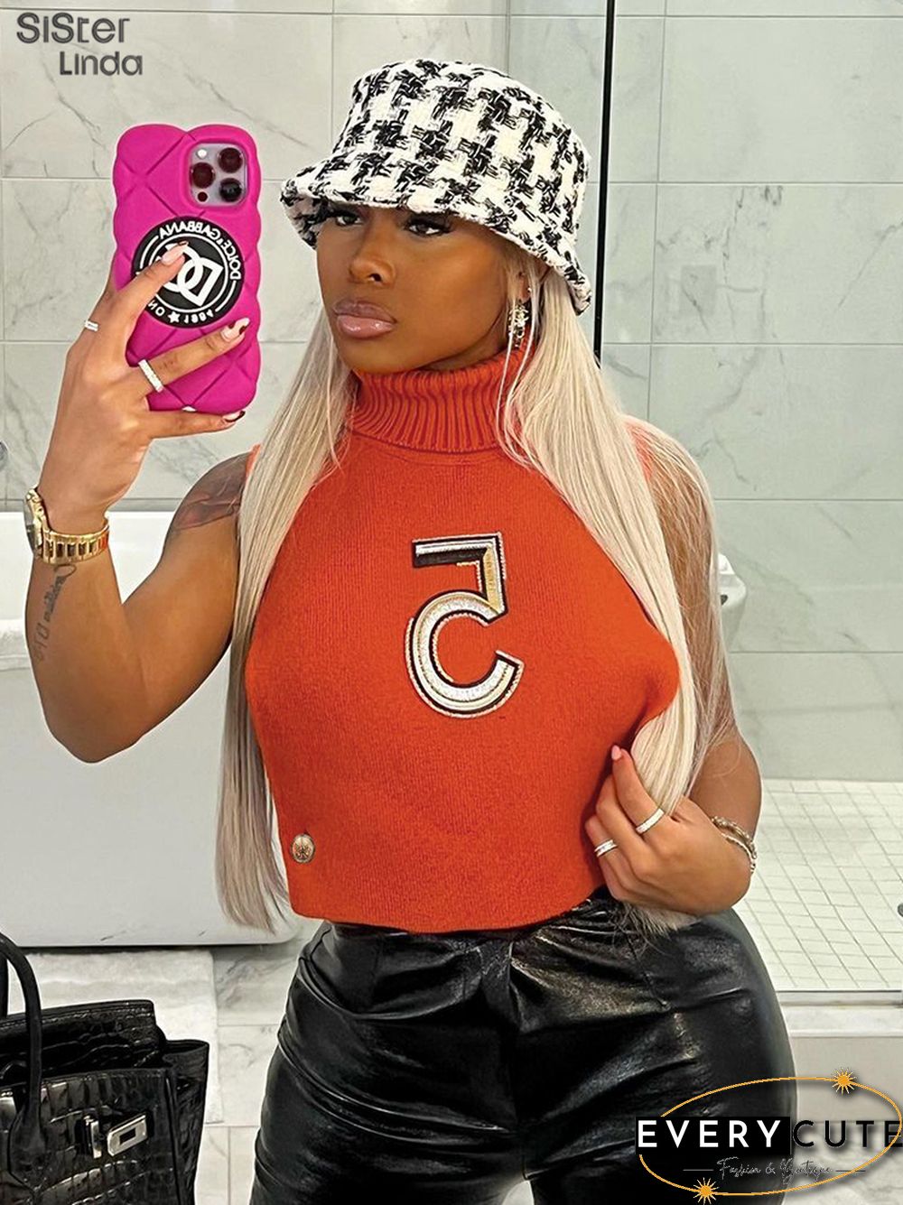 Casual Letter Embroidery Y2K Tank Top Women Sleeveless Knit Turtleneck Side Hollow Wild Slim Stretch Trend Vest