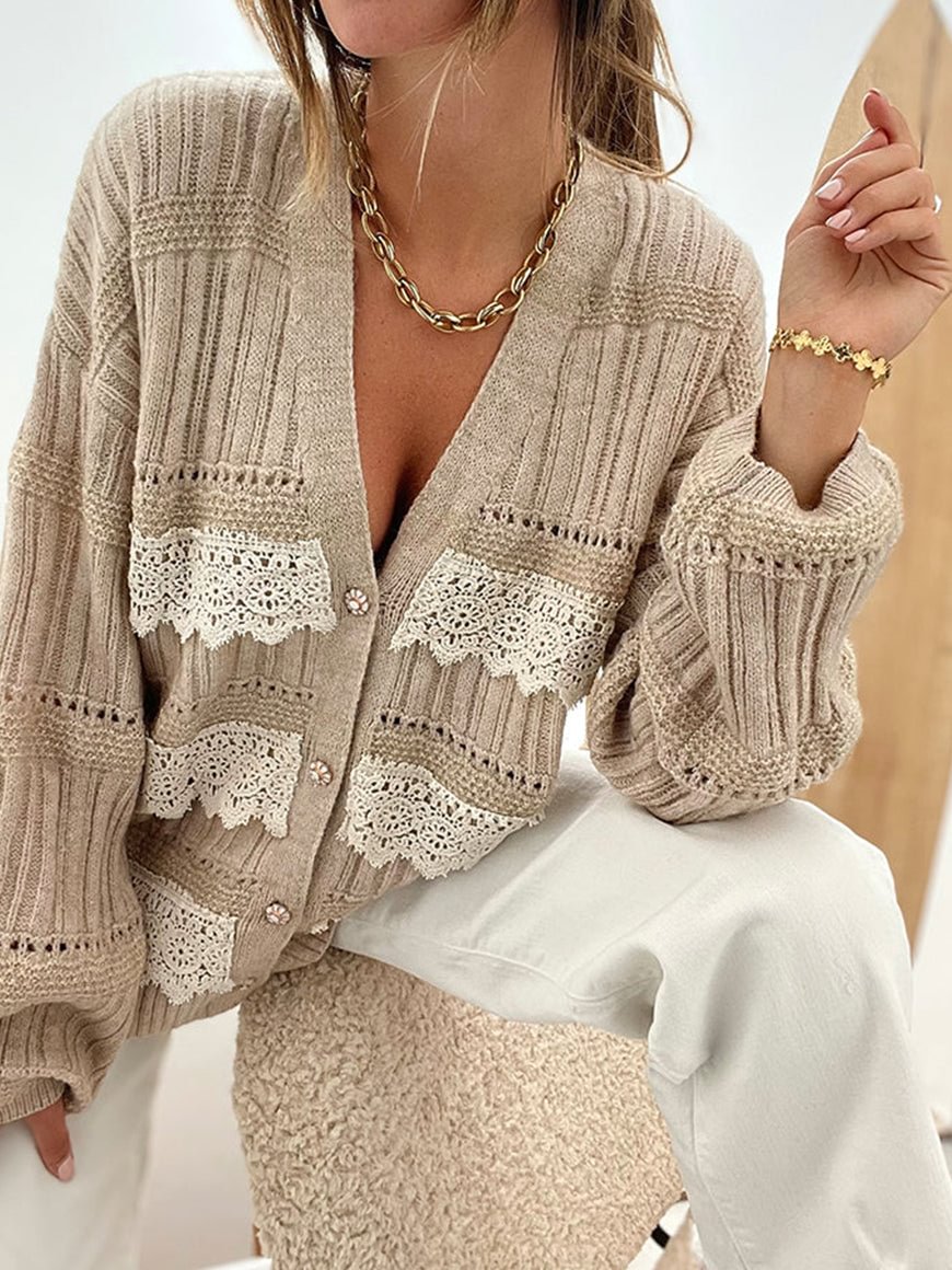Women's Fashion Casual Solid Buttoned Long Sleeve Patchwork Lace V Neck Cardigans