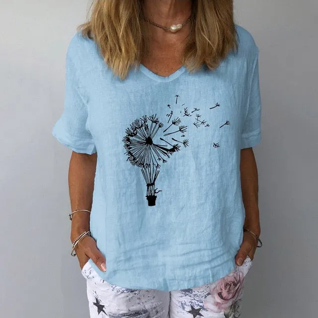 Women Summer Cotton Linen Blouse Casual V Neck Short Sleeve Femme Blouse Shirt New Letter Print 2022 Blusas Womens Tops S-3XL