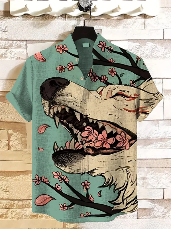 Men's Fox Demon Cherry Blossom Art Print Short Sleeve Casual Shirt