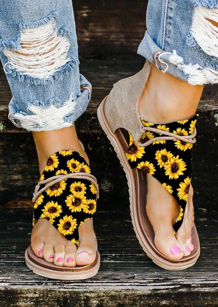 Summer Sunflower Zipper Flat Sandals socialshop