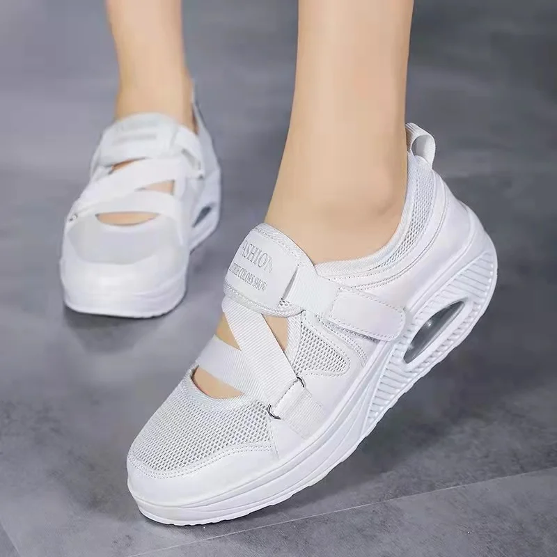 Yyvonne Summer New Breathable Hot Air Cushion Women's Single Shoes Thick-Soled Air Cushion Women's Casual Shoes Magic Sticker