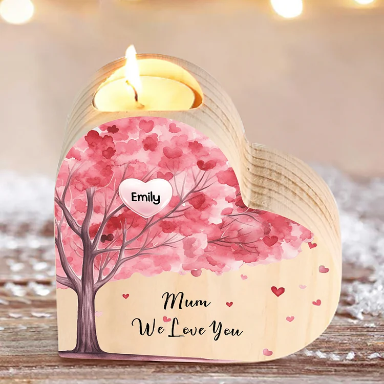 1 Name-Personalized Pink Heart Tree Heart-Shape Candlestick Set With Gift Box Custom Text  Mother's Day Gift Wooden Custom Candle Holder For Family