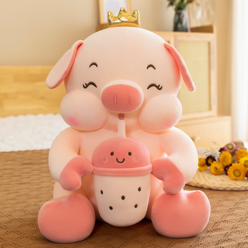 Cuteeeshop Pink Funny Crown Boba Tea Piggy Plush Pillow Puffy Toy