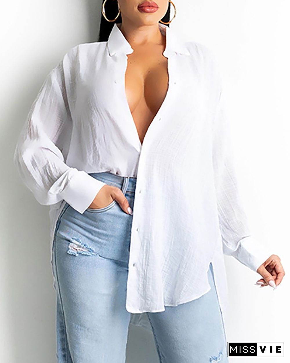 Button Design Lantern Sleeve Shirt
