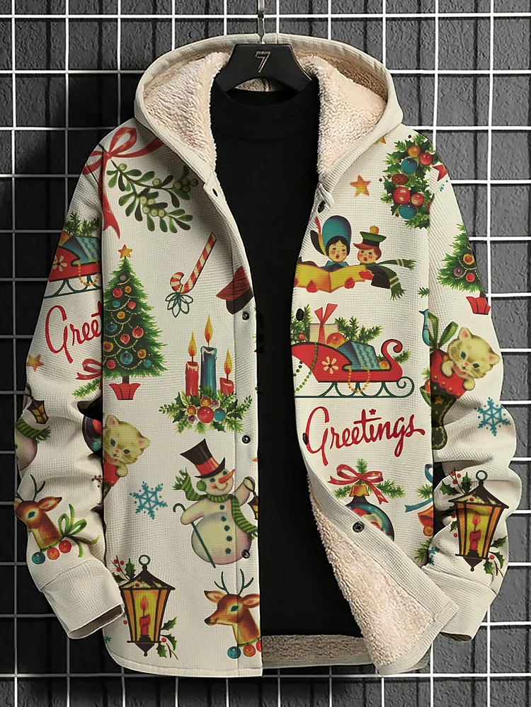 Men's Classic Christmas Elements Graphic Print Long Sleeve Hooded Jacket