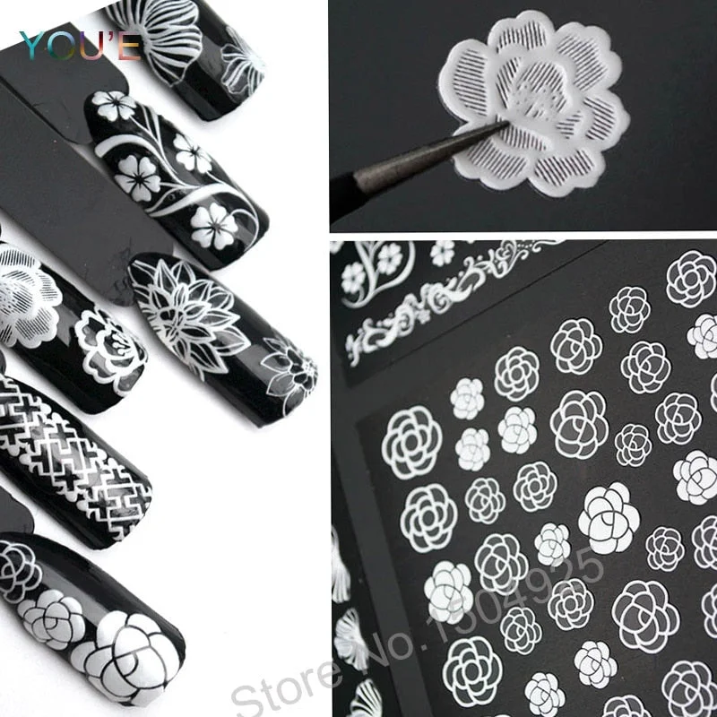 DIY White Flower Nail Stickers Decoration Manicure Foil 3D Nail Art Decorations Stickers Design Adhesive Lace Nail Decals Slider