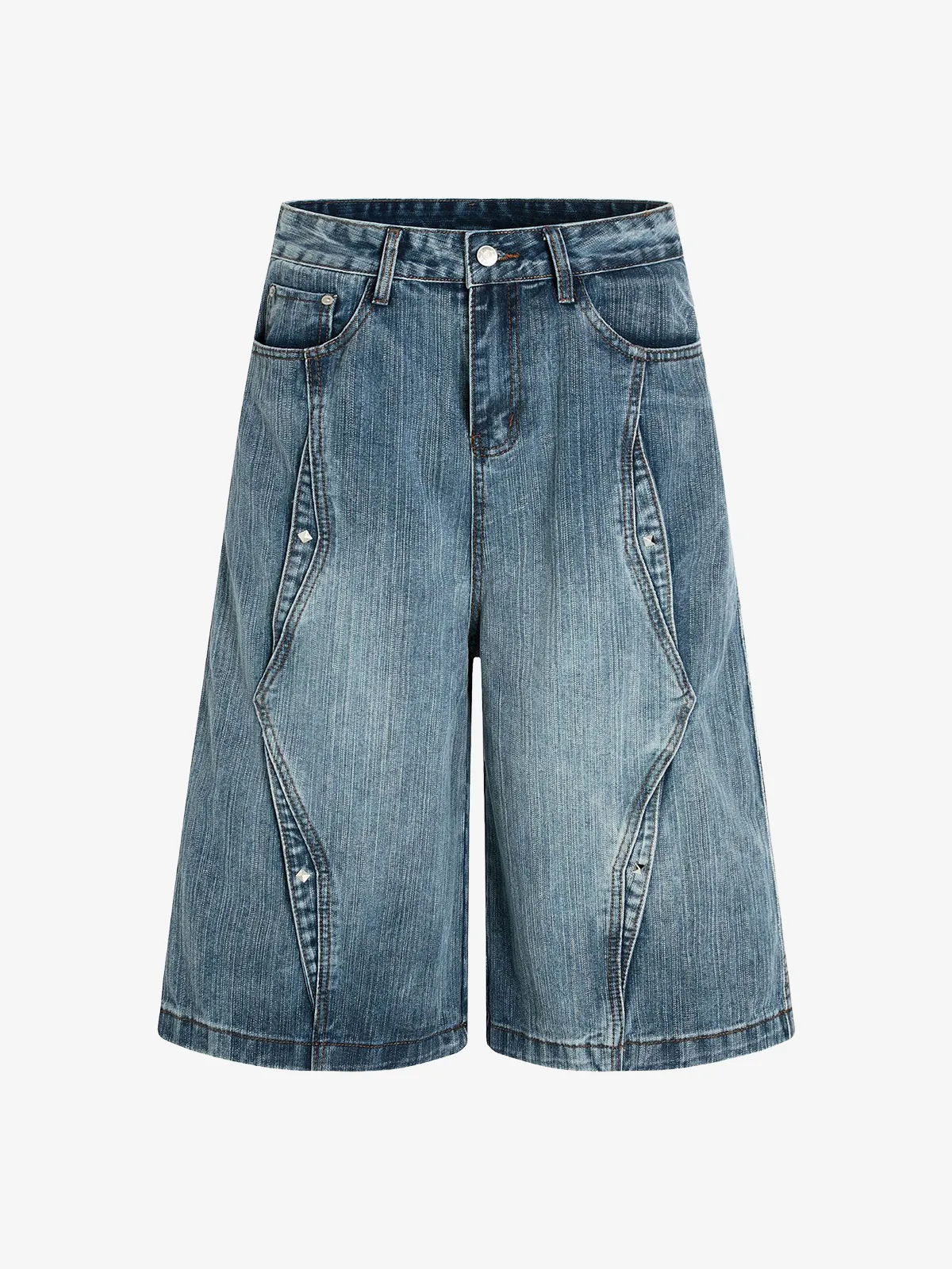 Blue Act Chic Washed Patchwork Rivet Longline Jorts Front