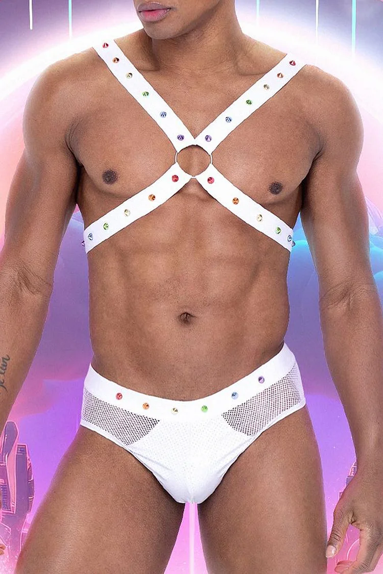 Rainbow Studded O-Ring Cross Body Harness Mesh Patchwork Briefs White Two Piece Set
