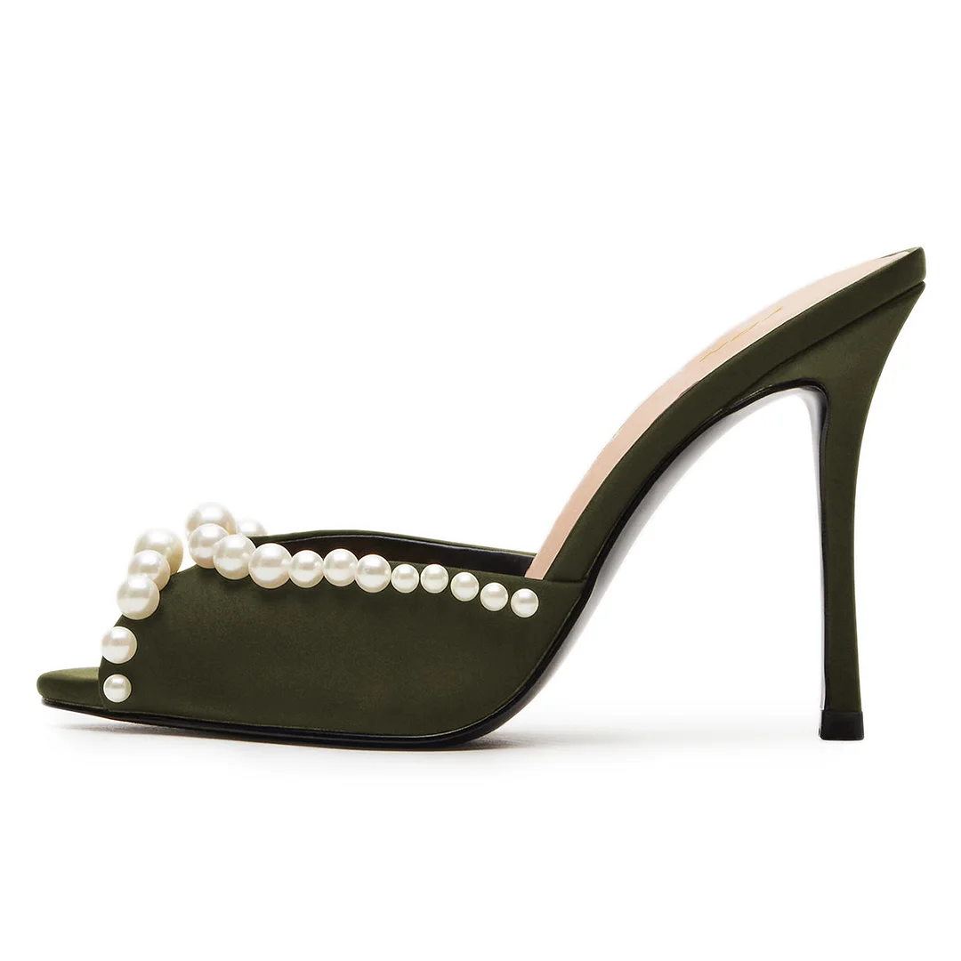 Dark Green Satin Pearl Embellished Stiletto Heel Mules for Women
