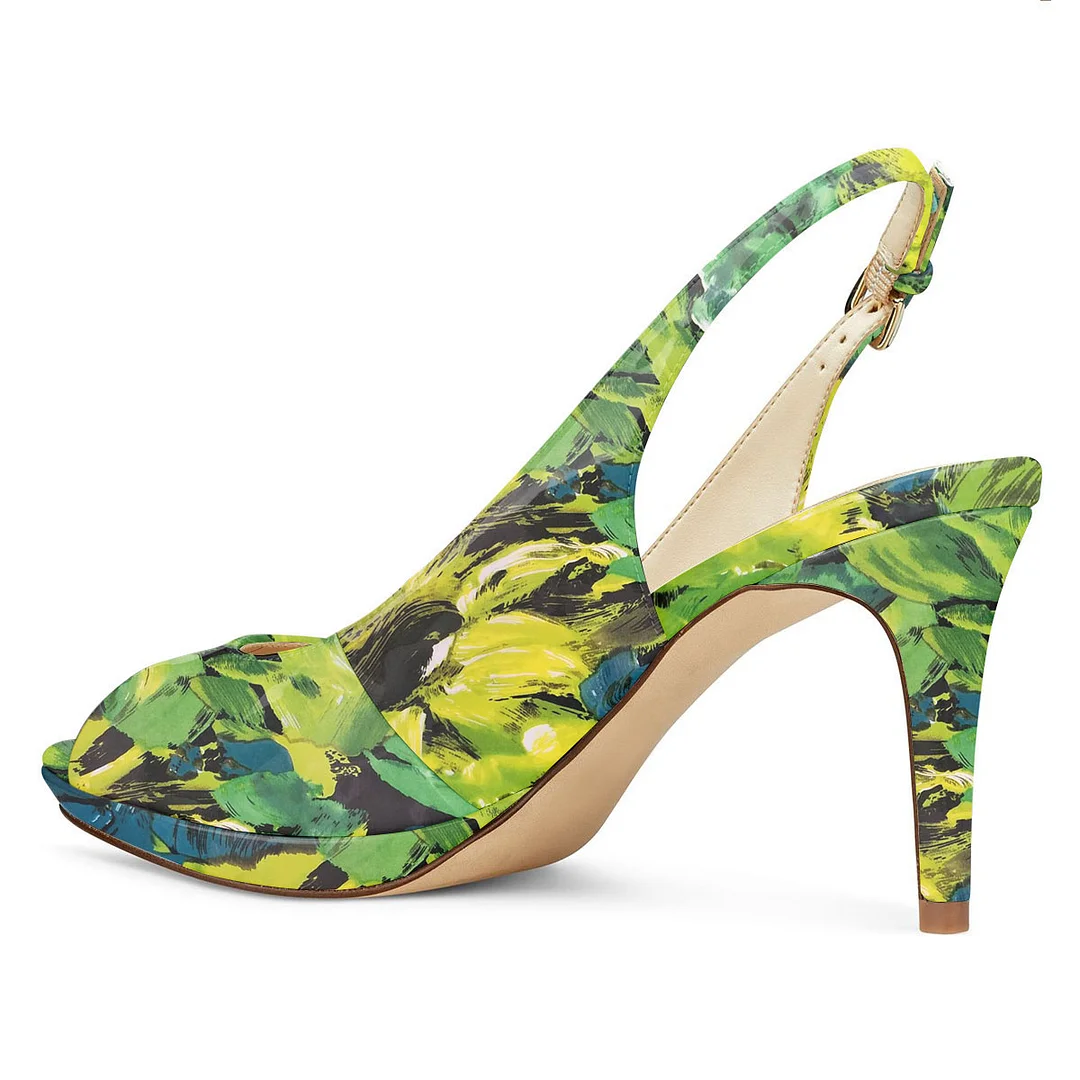 Trendy Printed Peep Toe Slingback Stiletto Heels in Green