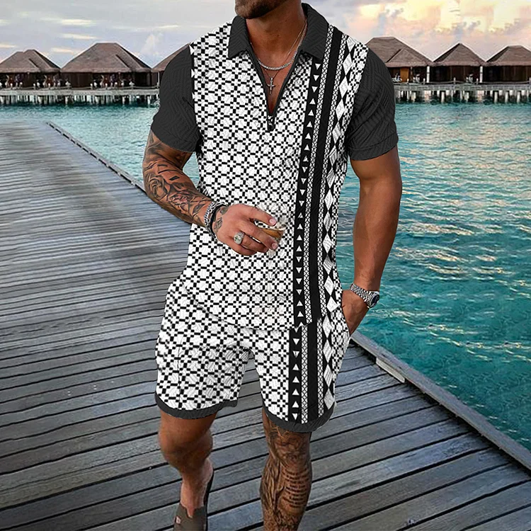 Broswear Causal Pattern Print Short Sleeve Polo Shirt And Shorts Co-Ord