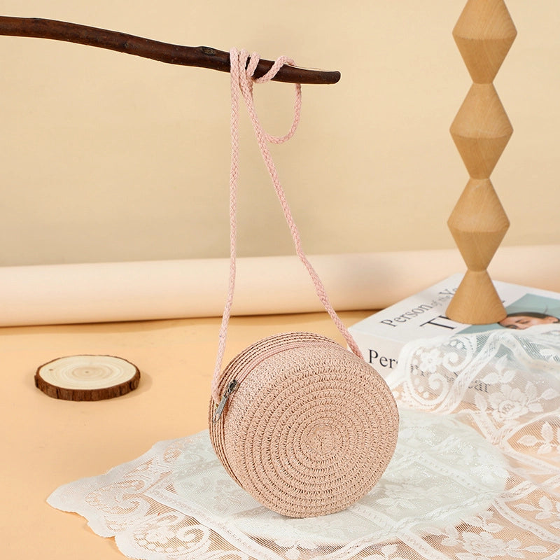 Girl’S Straw Solid Color Cute Round Zipper Shoulder Bag